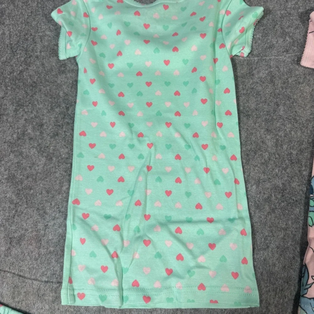 Disney Stitch Girls 4 Piece Pajama Set Mint Green Pink Hearts Size 6 Cotton